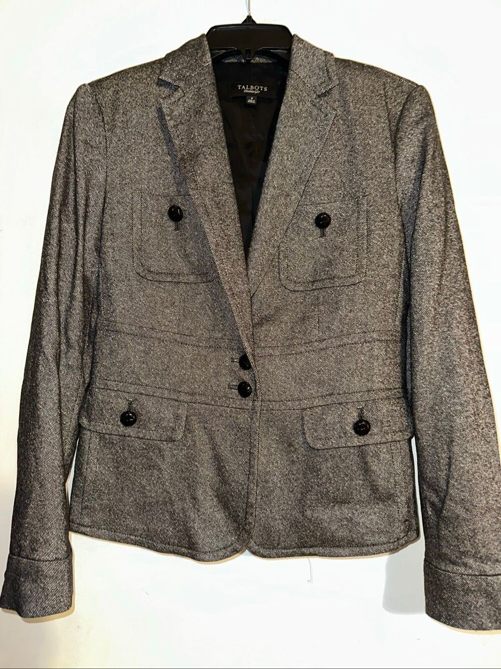 Talbots Blazer Womans 2 Origional Black Gray Wool Blend Regular Fit Suit Jacket